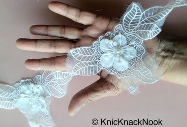 Off White Layered Flower Trim With Sheer Fabric And Crochet Embroidery With Pearl, Cotton Dyeable Trim, Approx. 10cm Wide - 200317L39
